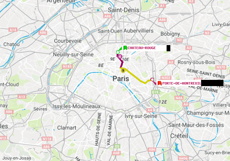 plan itinéraire ratp de Château Rouge à Porte de Montreuil