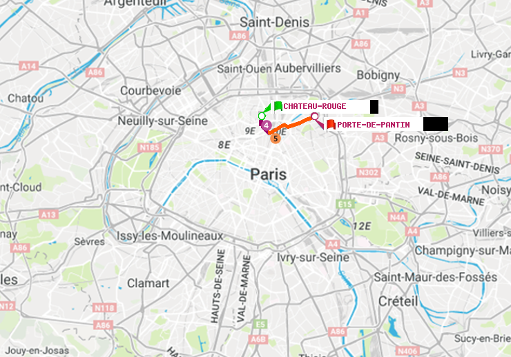 plan itinéraire ratp de Château Rouge à Porte de Pantin