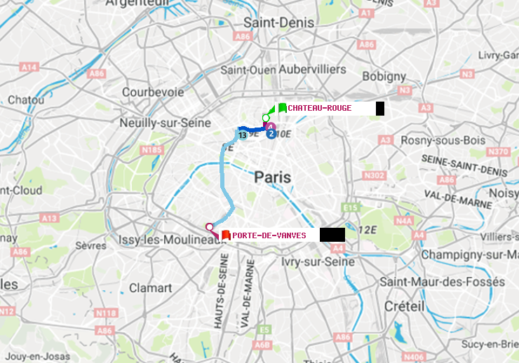 plan itinéraire ratp de Château Rouge à Porte de Vanves