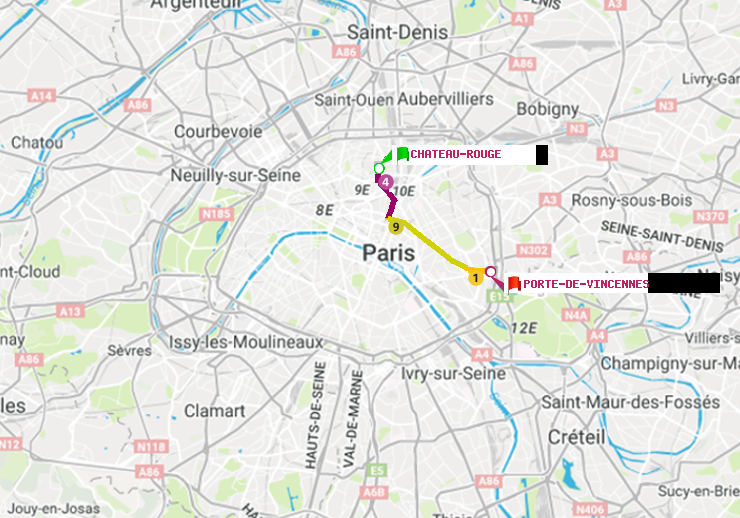 plan itinéraire ratp de Château Rouge à Porte de Vincennes