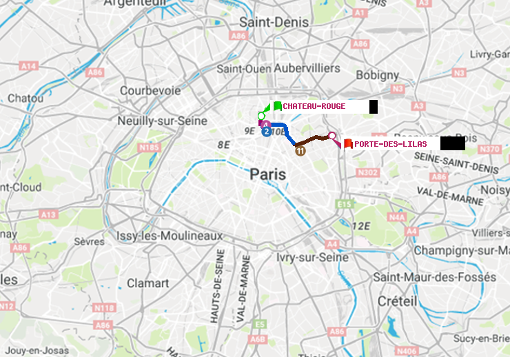 plan itinéraire ratp de Château Rouge à Porte des Lilas