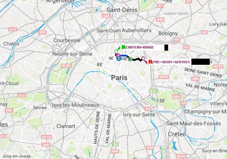 plan itinéraire ratp de Château Rouge à Pré-Saint-Gervais
