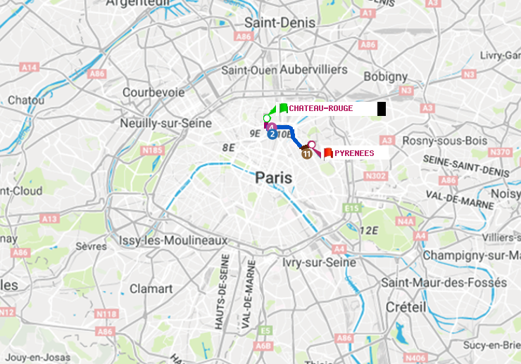 plan itinéraire ratp de Château Rouge à Pyrenees
