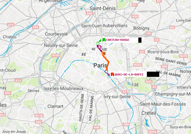 plan itinéraire ratp de Château Rouge à Quai de la Rapée