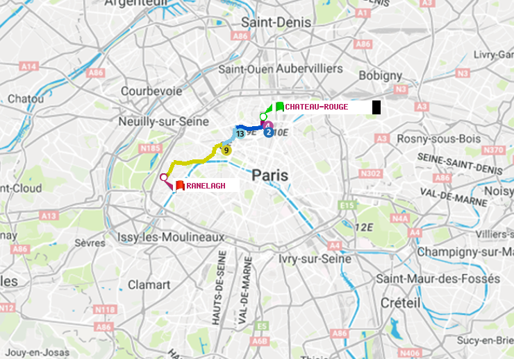 plan itinéraire ratp de Château Rouge à Ranelagh