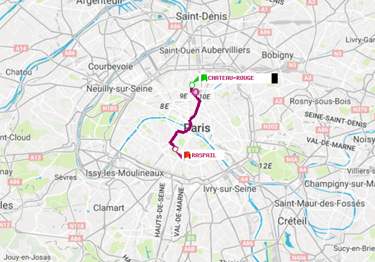 plan itinéraire ratp de Château Rouge à Raspail