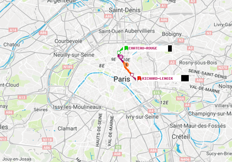 plan itinéraire ratp de Château Rouge à Richard-Lenoir