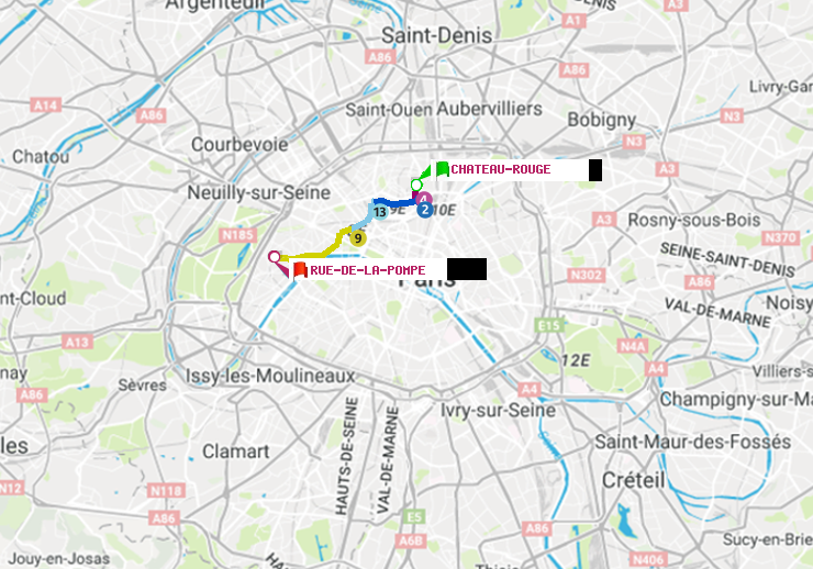 plan itinéraire ratp de Château Rouge à Rue de la Pompe (Avenue Georges Mandel)