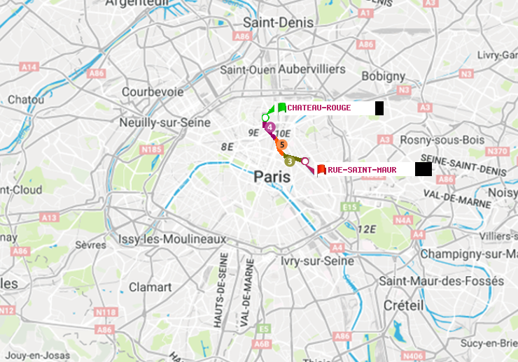 plan itinéraire ratp de Château Rouge à Rue Saint-Maur