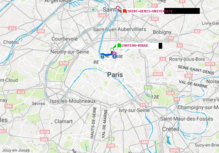 plan itinéraire ratp de Château Rouge à Saint-Denis-Universite