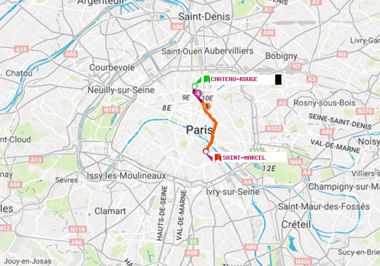plan itinéraire ratp de Château Rouge à Saint-Marcel