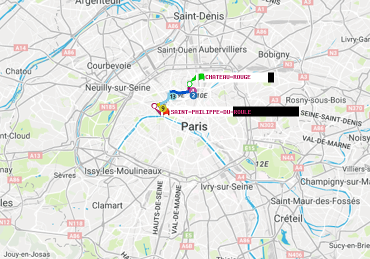 plan itinéraire ratp de Château Rouge à Saint-Philippe du Roule