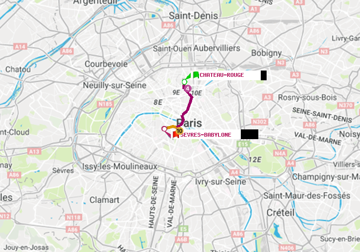 plan itinéraire ratp de Château Rouge à Sèvres-Babylone