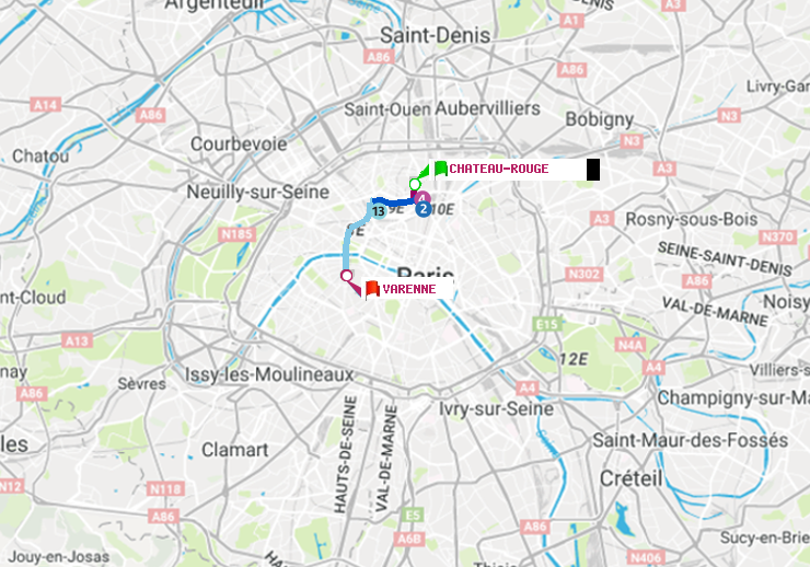 plan itinéraire ratp de Château Rouge à Varenne