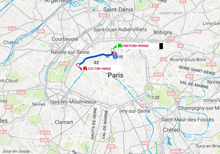 plan itinéraire ratp de Château Rouge à Victor Hugo