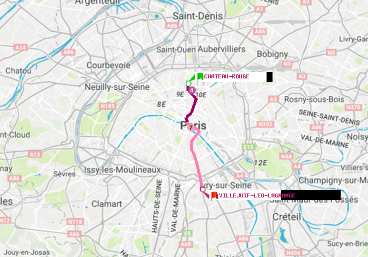 plan itinéraire ratp de Château Rouge à Villejuif-Léo Lagrange