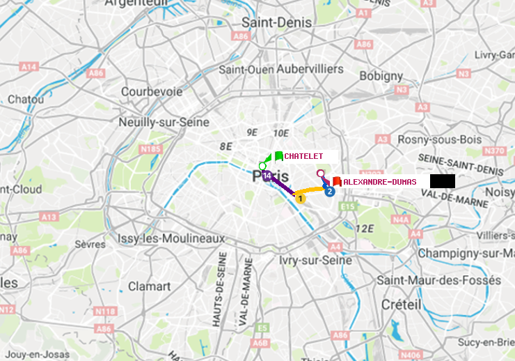 plan itinéraire ratp de Châtelet à Alexandre-Dumas