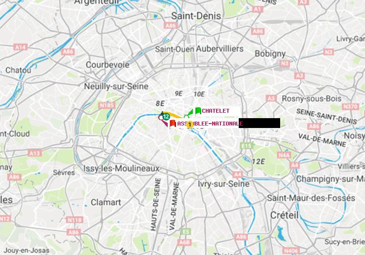 plan itinéraire ratp de Châtelet à Assemblée Nationale