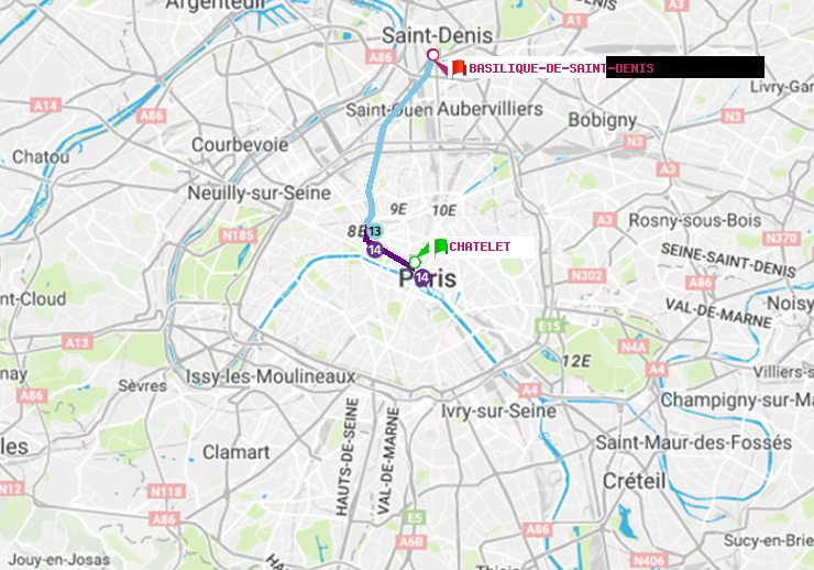 plan itinéraire ratp de Châtelet à Basilique de Saint-Denis