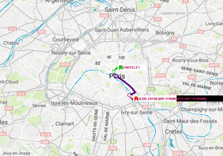 plan itinéraire ratp de Châtelet à Bibliotheque-Francois Mitterrand
