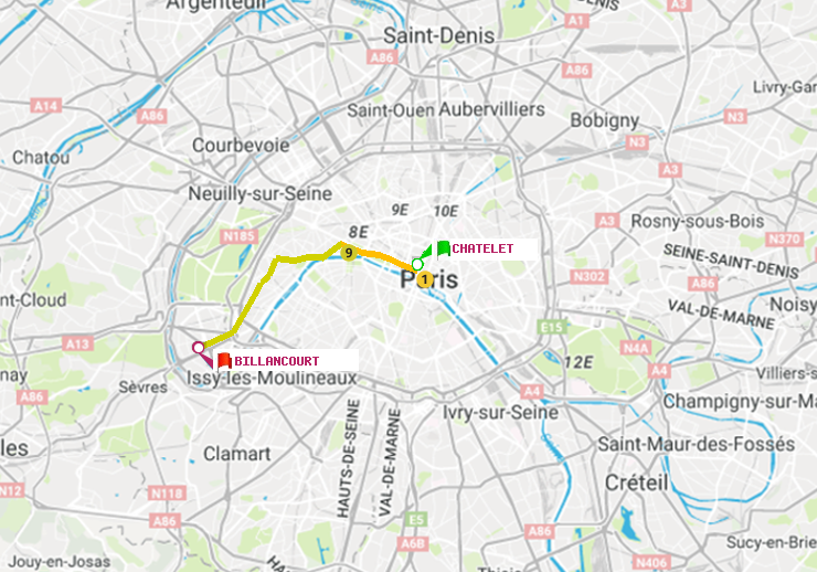 plan itinéraire ratp de Châtelet à Billancourt