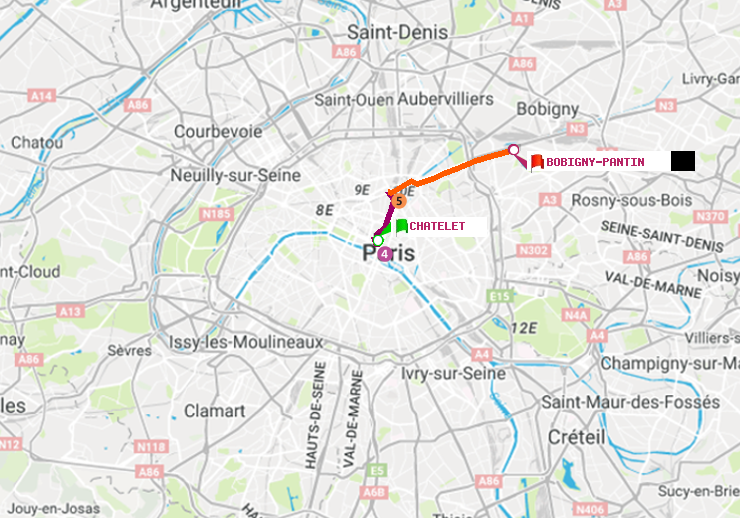 plan itinéraire ratp de Châtelet à Bobigny-Pantin (Raymond Queneau)