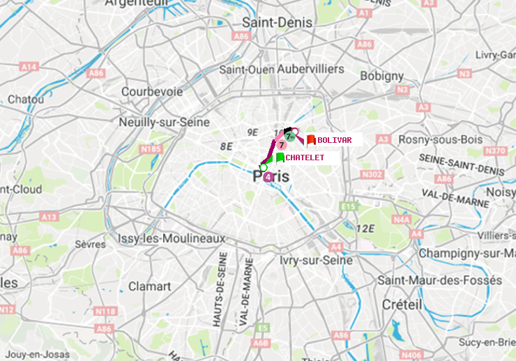 plan itinéraire ratp de Châtelet à Bolivar