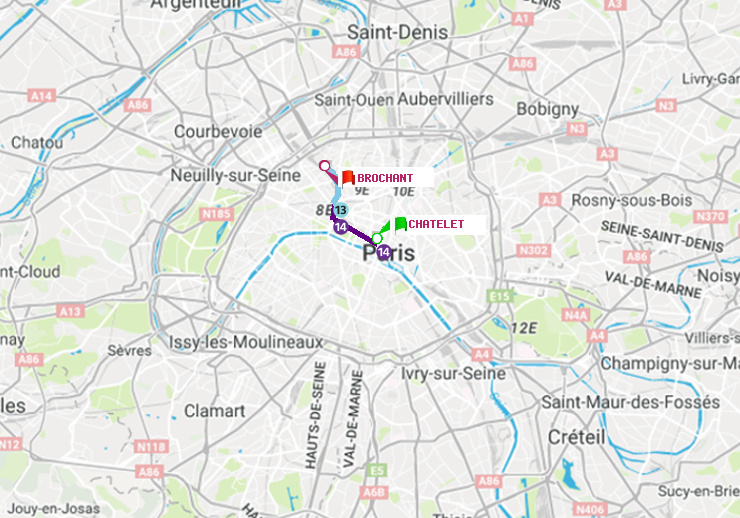 plan itinéraire ratp de Châtelet à Brochant
