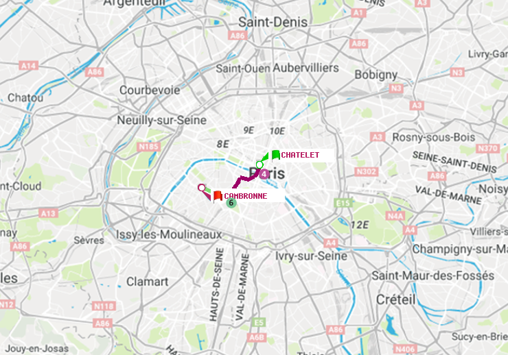 plan itinéraire ratp de Châtelet à Cambronne