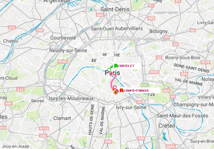 plan itinéraire ratp de Châtelet à Campo-Formio