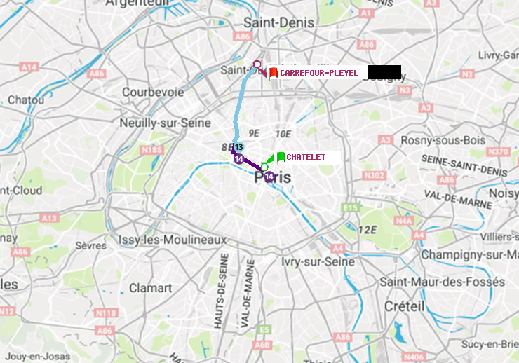 plan itinéraire ratp de Châtelet à Carrefour-Pleyel