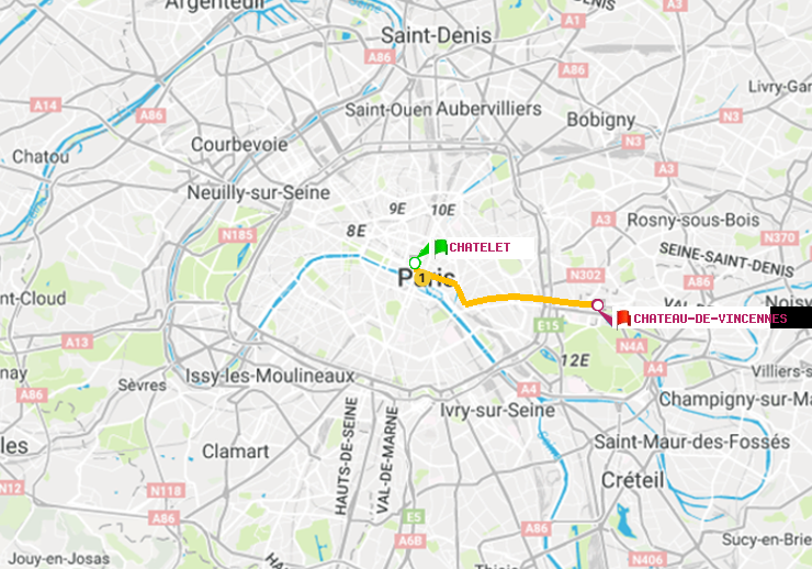 plan itinéraire ratp de Châtelet à Château de Vincennes