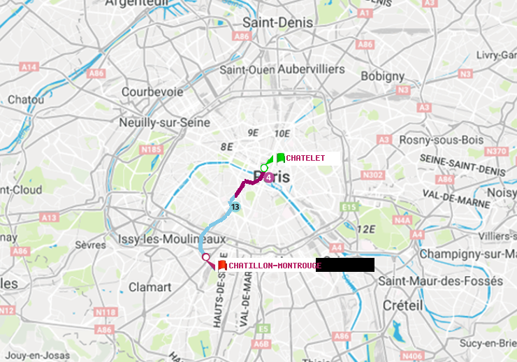 plan itinéraire ratp de Châtelet à Châtillon Montrouge