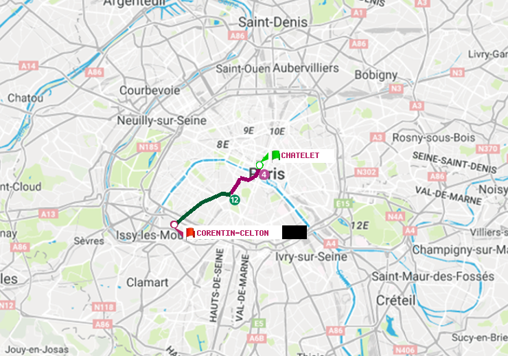 plan itinéraire ratp de Châtelet à Corentin-Celton