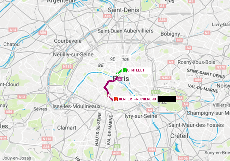 plan itinéraire ratp de Châtelet à Denfert-Rochereau