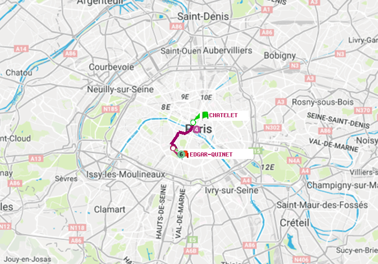 plan itinéraire ratp de Châtelet à Edgar-Quinet