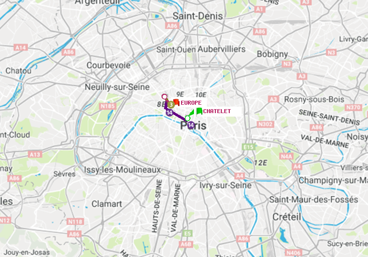 plan itinéraire ratp de Châtelet à Europe