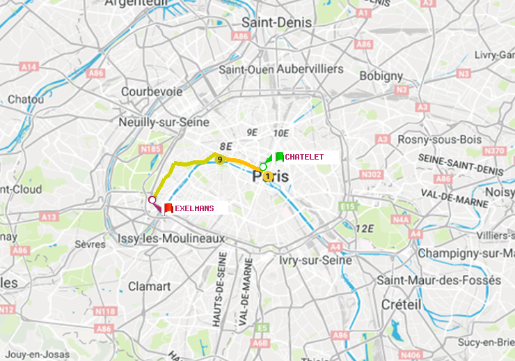 plan itinéraire ratp de Châtelet à Exelmans