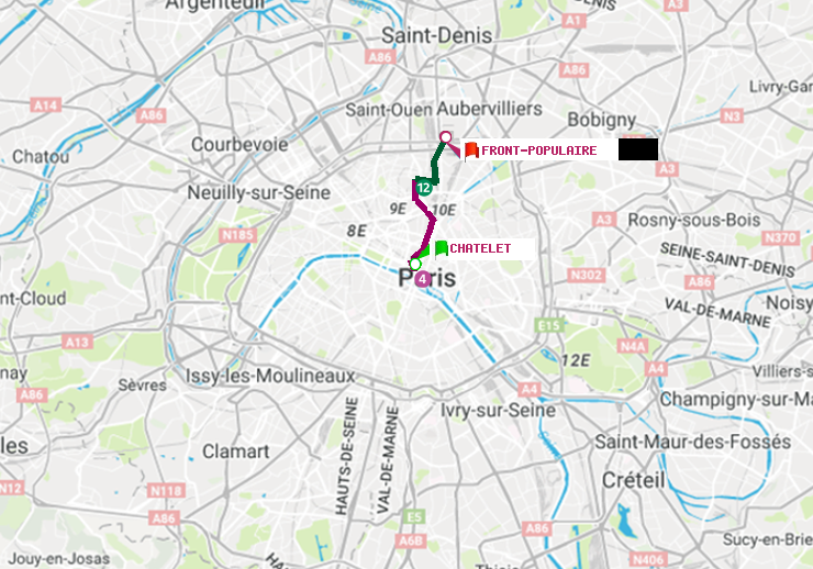 plan itinéraire ratp de Châtelet à Front Populaire