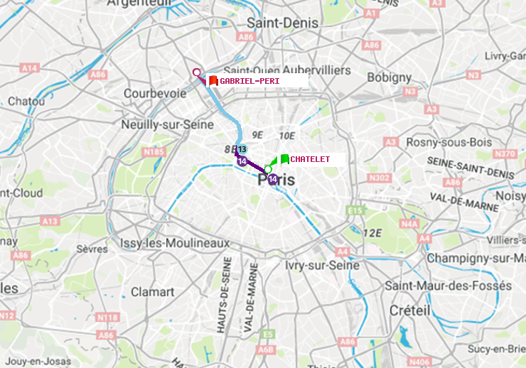 plan itinéraire ratp de Châtelet à Gabriel-Péri