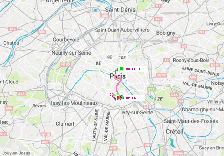 plan itinéraire ratp de Châtelet à Glacière