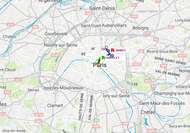plan itinéraire ratp de Châtelet à Jaurès