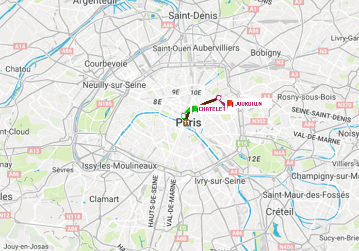 plan itinéraire ratp de Châtelet à Jourdain