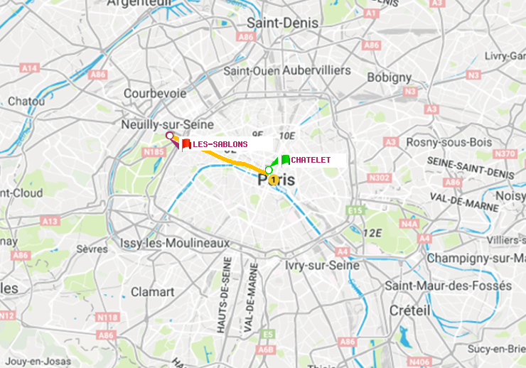 plan itinéraire ratp de Châtelet à Les Sablons (Jardin d