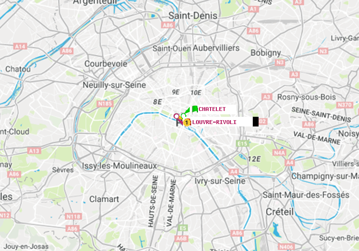 plan itinéraire ratp de Châtelet à Louvre-Rivoli