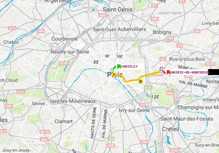 plan itinéraire ratp de Châtelet à Mairie de Montreuil