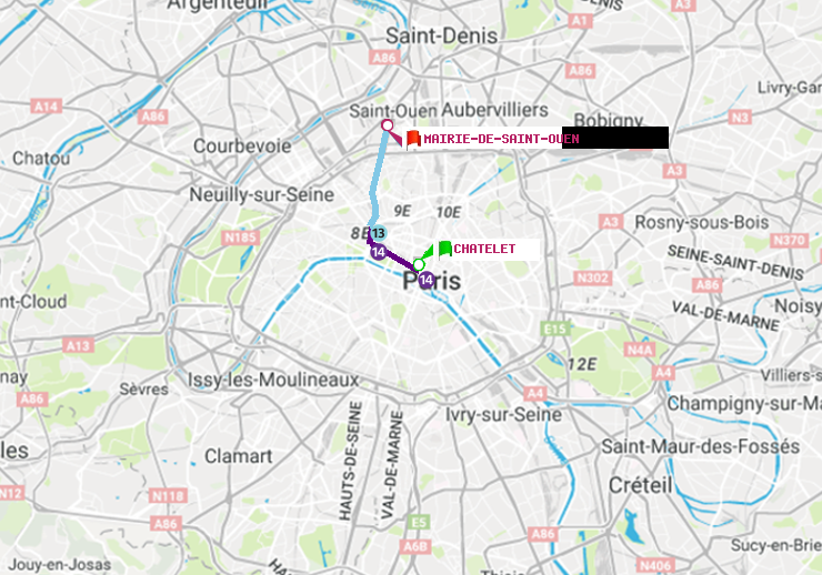 plan itinéraire ratp de Châtelet à Mairie de Saint-Ouen