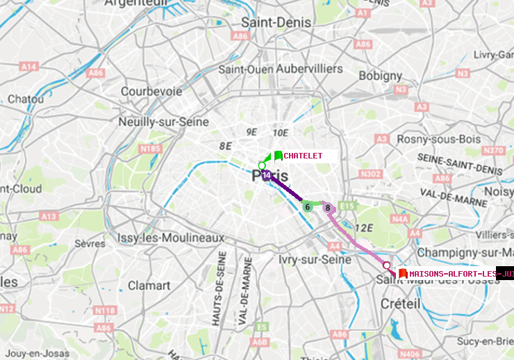 plan itinéraire ratp de Châtelet à Maisons-Alfort-Les Juilliottes