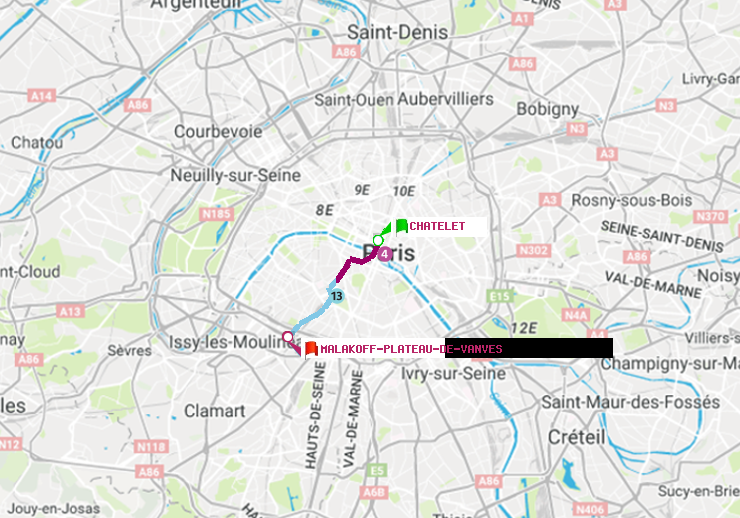 plan itinéraire ratp de Châtelet à Malakoff-Plateau de Vanves