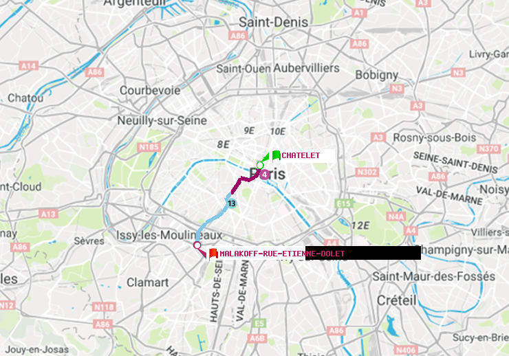 plan itinéraire ratp de Châtelet à Malakoff-Rue Etienne Dolet
